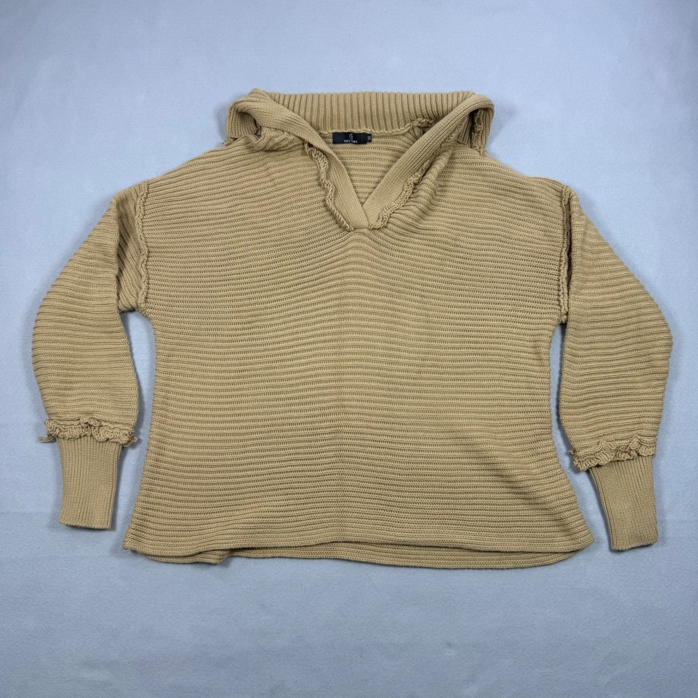 Lillusory Womens Tan Ribbed Knit Oversized Hoodie Sweater V-Neck Medium Khaki